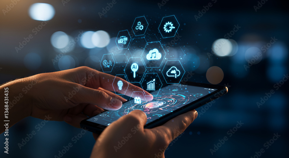 Poster hands interacting with digital icons on smartphone screen displaying data and communication networks