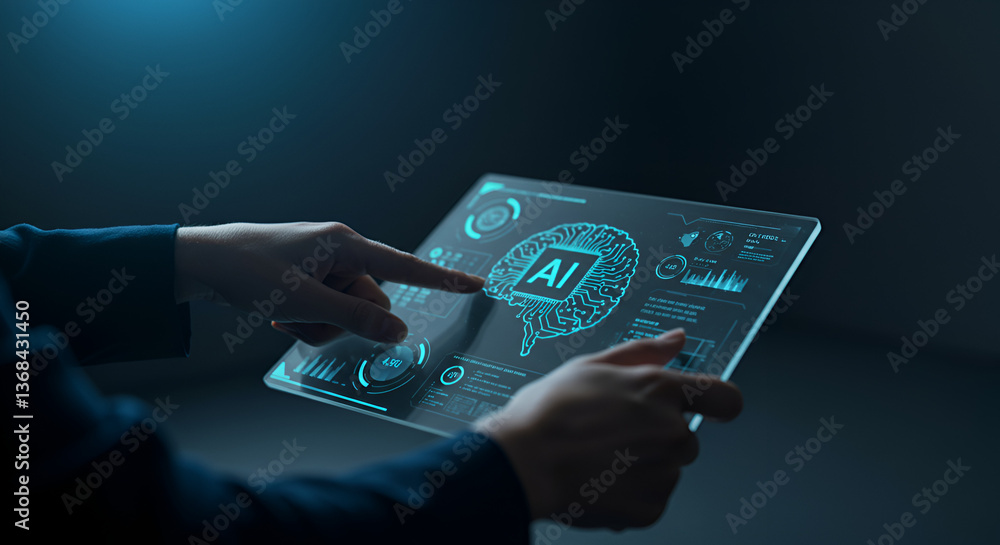 Poster hands touching transparent touchscreen displaying ai brain interface with neural network and digital