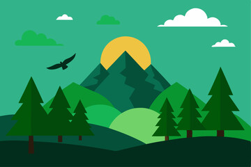 beautiful landscape vector illustration of mountains, forests, fields and meadows. Stunning panoramic farm landscape with mountains in the background. Natural landscape