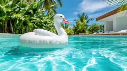 Obraz premium A serene pool scene featuring a white swan float resting on the shimmering turquoise water, surrounded by lush tropical greenery, reflecting a tranquil and inviting atmosphere.