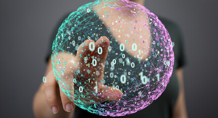 Human Hand Touching Digital Globe with Binary Numbers and Network Connection in Abstract Blue and Pink Background
