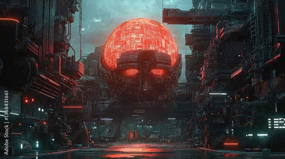 Poster futuristic ai landscape with a giant red orb and high-tech architecture in a cyberpunk environment