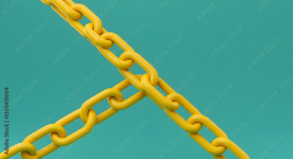 Poster intersecting yellow metal chains against a clean turquoise background creating a sense of interconne