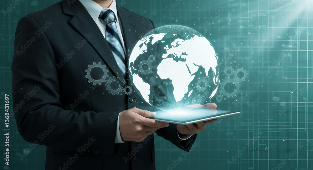 Poster man holding digital tablet displaying global network on blue background