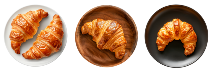 Fresh butter croissant on a plate, isolated on a transparent background. Classic French breakfast pastry with golden flaky crust, baked crescent-shaped roll