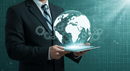 Man Holding Digital Tablet Displaying Global Network on Blue Background