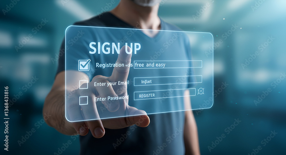 Poster man interacting with a transparent digital sign up form display in a modern setting