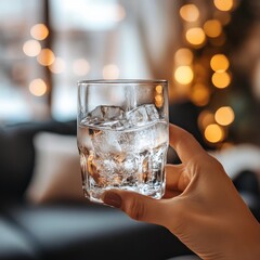 Hand holding water glass with ice cubes, blurred living room background