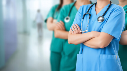 International Nurses Day Celebration with a Group of Healthcare Professionals in Blue and Green Scrubs, Medical Team Standing Together, Hospital Staff Unity, Honoring Nurses, Healthcare Heroes