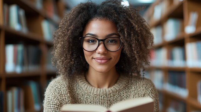 A focused woman with curly hair smiles while reading a book in a library, embodying the joy of learning, knowledge, and the tranquility of a literary environment.