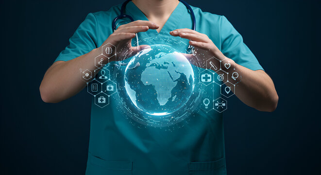 Medical Professional Holds Digital Globe Hologram in Dark Blue Background Demonstrating Global Healthcare