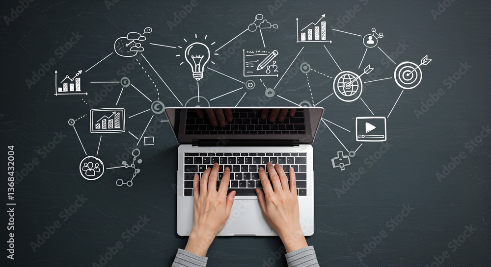 Poster overhead view of hands typing on laptop with white chalkboard style network diagrams on dark backgro