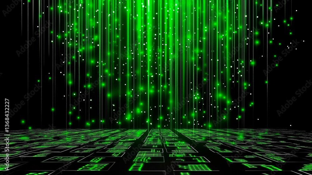 Wall mural futuristic digital matrix background with green data streams