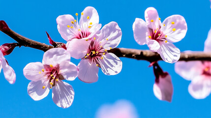Close-Up of Pink Cherry Blossoms Against Clear Blue Sky