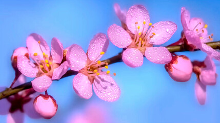 Pink Spring Blossoms with Morning Dew on Petals