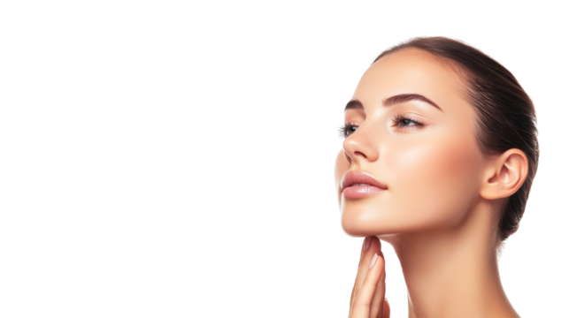 Elegant woman face profile with hand on chin, skincare concept, cut out transparent