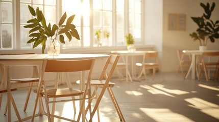 Obraz premium Bright Interior Sunlight Streaming through Windows onto Wooden Chairs and Table with Plant