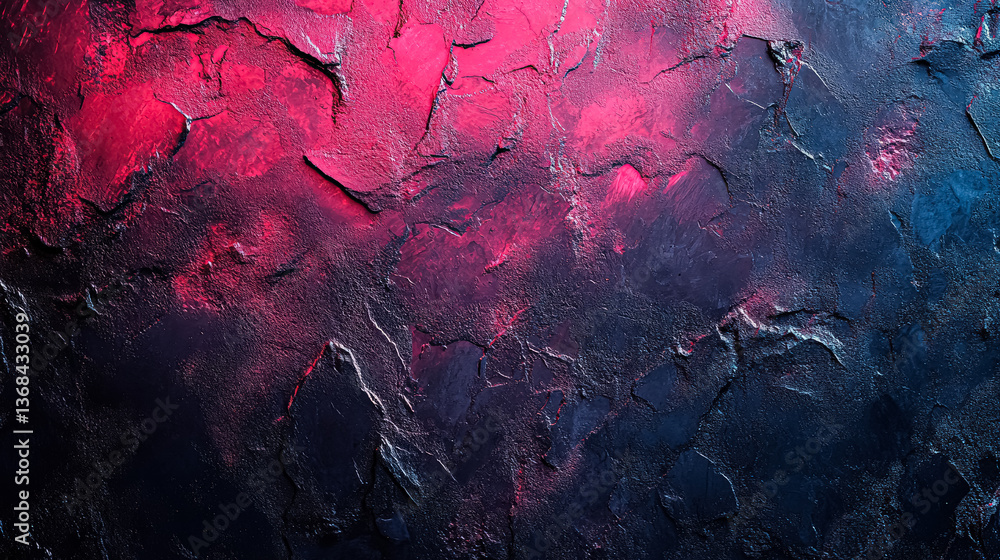 Poster wall with a blue and red background. the blue background is a deep blue color and the red background