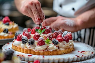 A chef creating a stunning dessert masterpiece in a close-up shot, highlighting intricate details and expert craftsmanship in a professional kitchen