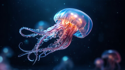 Obraz premium A surreal deep-sea scene with glowing jellyfish, alien-like creatures, and a tiny squid pulsing with bioluminescence in an otherworldly underwater world.