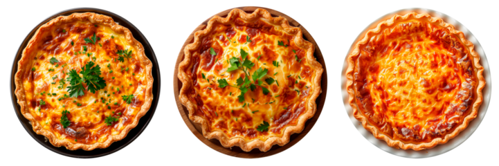 A set of traditional French quiche Lorraine on a black plate, isolated on a transparent background. Savory baked pie with bacon, cheese, and green onion, classic breakfast dish.