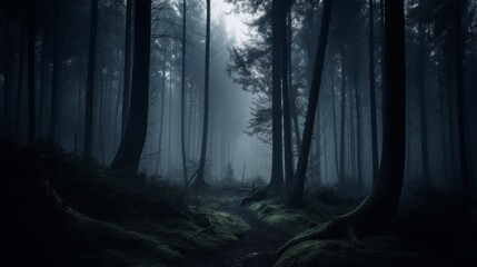 Mysterious forest path with ethereal fog.