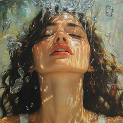 Woman submerged underwater with sunlight creating patterns on her face, serene ambiance