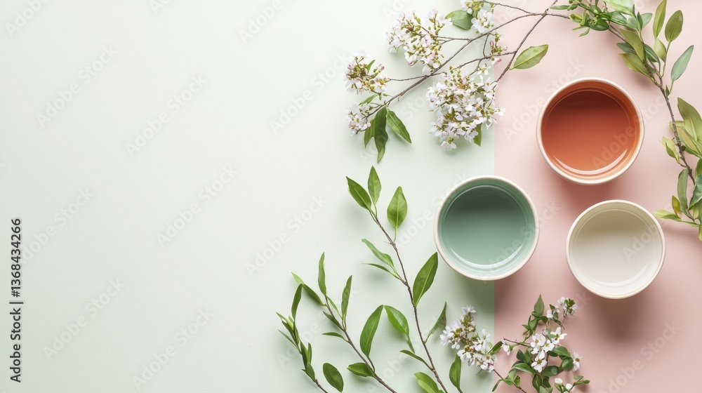 Poster harmony of color in bowls with botanical elegance overhead flat lay minimalist composition