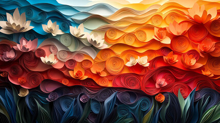 Beautifully crafted paper art showcasing nature's elements, including intricate paper flowers, trees, and animals, brought to life with delicate layers and vibrant colors. The art evokes a sense 