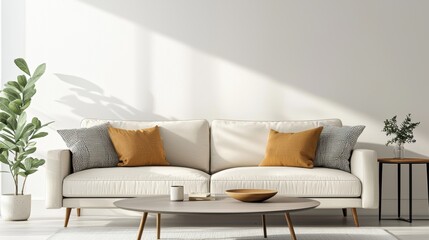 Modern living room interior with sofa coffee table and decoration on wall with sunlight and shadow minimalist style