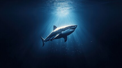 Obraz premium A dramatic deep-sea shot of a great white shark emerging from the darkness, its powerful body illuminated by scattered light, with fish scattering around it.