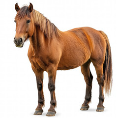 Obraz premium majestic brown horse stands confidently on white background, showcasing its strong physique and flowing mane. This captures beauty and grace of this magnificent animal