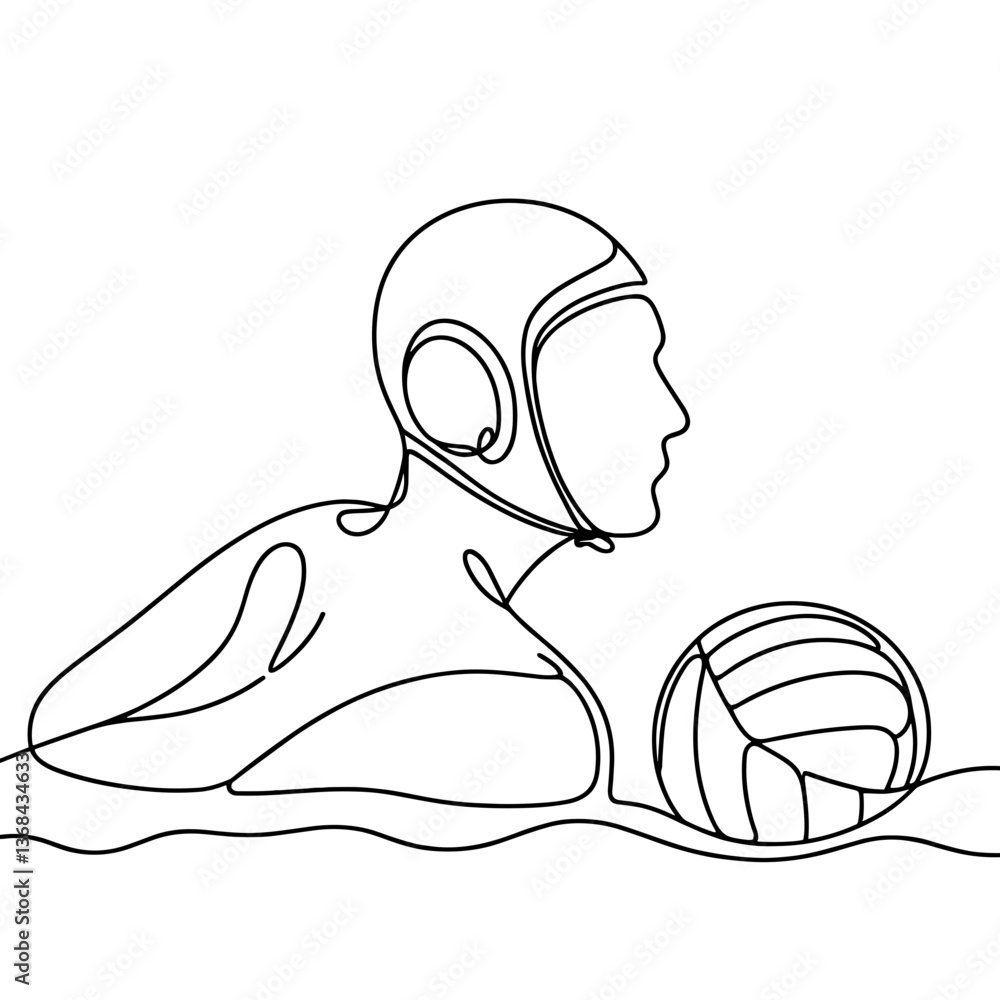 Poster water polo player in action with ball in minimalist line drawing