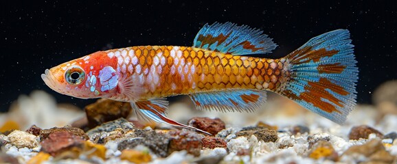 Colorful fish swims aquarium gravel background