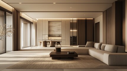 Fototapeta premium Serene minimalist interior design modern living room with natural light spacious and elegant home décor neutral color palette