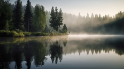 Serene lake surrounded by misty trees