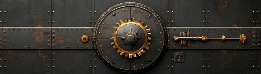 Naklejka premium Antique metal door with clock, glimpse into vintage architecture and time