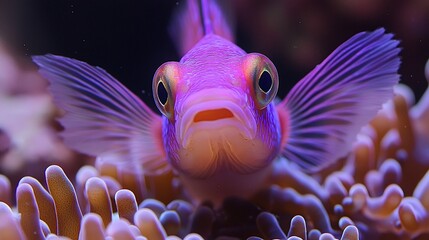 Purple fish close-up, coral reef background, underwater scene, marine life photography