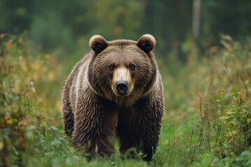 Obraz premium Wild brown bear walking through a lush forest in search of food and exploring its habitat