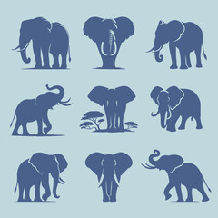 Collection of Elephant Silhouettes in Various Poses and Movements on a Light Background