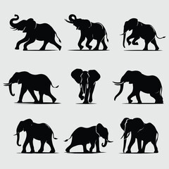 Collection of Elephant Silhouettes in Various Poses and Movements on a Light Background