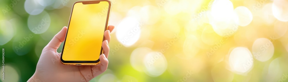 Poster bright yellow smartphone held in hand, mobile technology and connection in the digital age