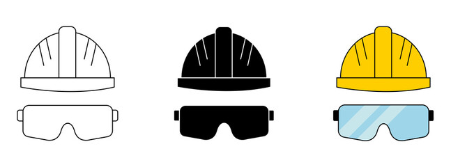 Hard hat with goggles icon. Construction helmet with safety mask vector symbol. Engineer hat with protection glasses labor and engineering symbols.