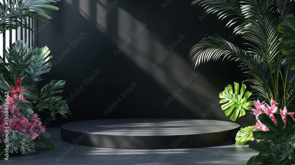 Aufkleber abstract studio black background for product presentation. empty room with shadows of window and flo