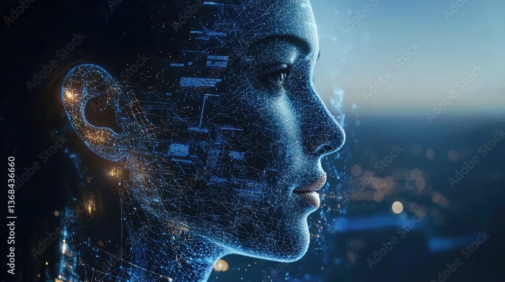 Poster futuristic profile of a woman with digital connections representing ai and language models in a high