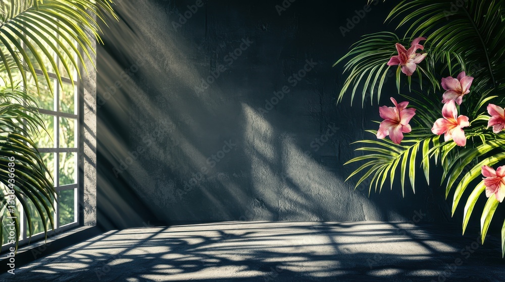 Poster abstract studio black background for product presentation. empty room with shadows of window and flo