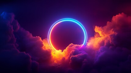 Neon Circle Glowing Above Dramatic Clouds with Vibrant Colors and Atmospheric Effects