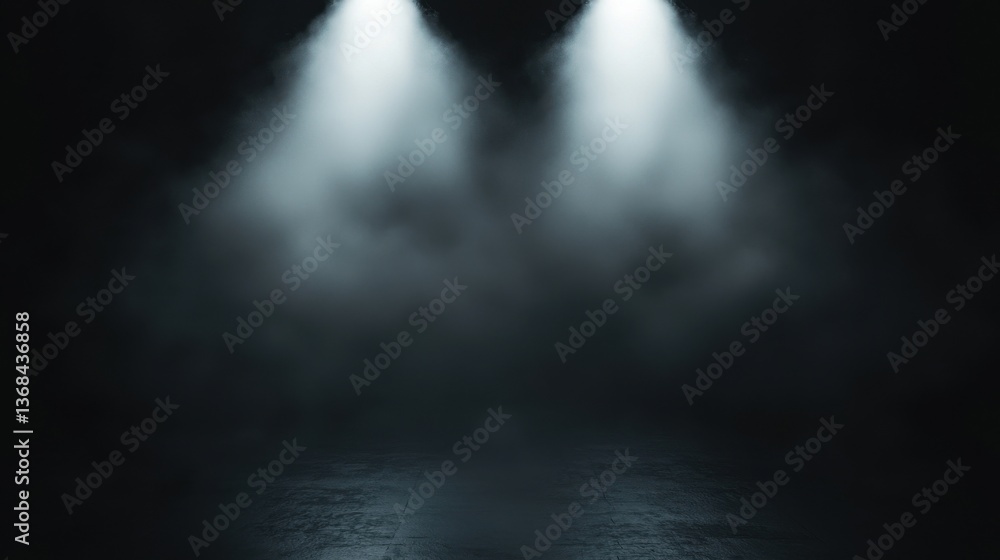 Poster abstract studio dark room with spot lighting and fog in black background.
