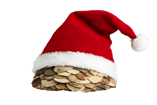 Santa Claus hat with wooden scales decoration, festive headwear, cut out transparent