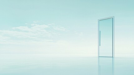 Transparent door opening to a bright, airy sky. Minimalist design and reflective surface
